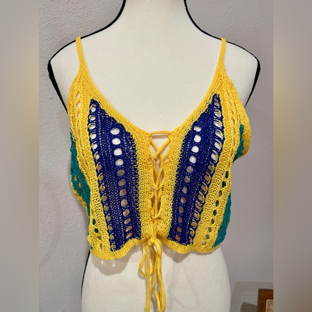 SHEIN Colorblock Knit Lace-up Front Crochet Cover Up SZ XL Yellow Blue Crop Top - Picture 6 of 7